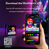 A hand holds a smartphone displaying a QR code for the iDotMatrix app, with an LED pixel display visible in the background.