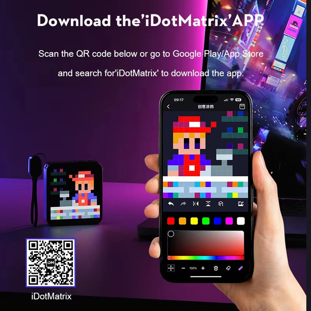 A hand holds a smartphone displaying a QR code for the iDotMatrix app, with an LED pixel display visible in the background.