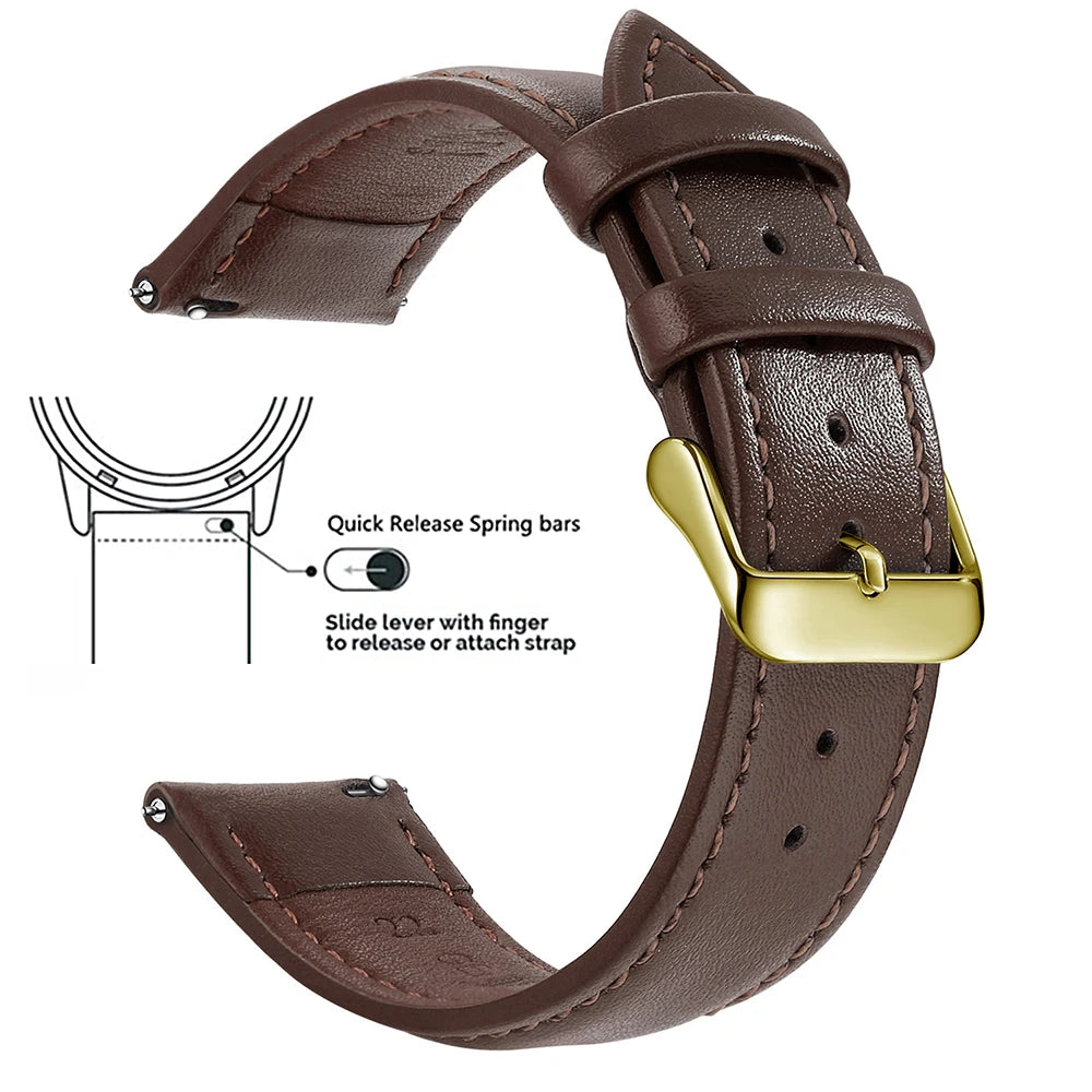 A brown genuine leather watch band featuring quick release spring bars and a slide lever for easy strap attachment.