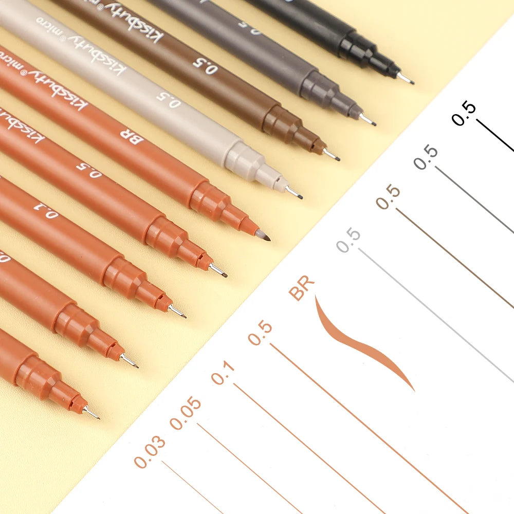 A collection of micro-pen fineliner pens in various shades of brown and black, showing different line thicknesses.
