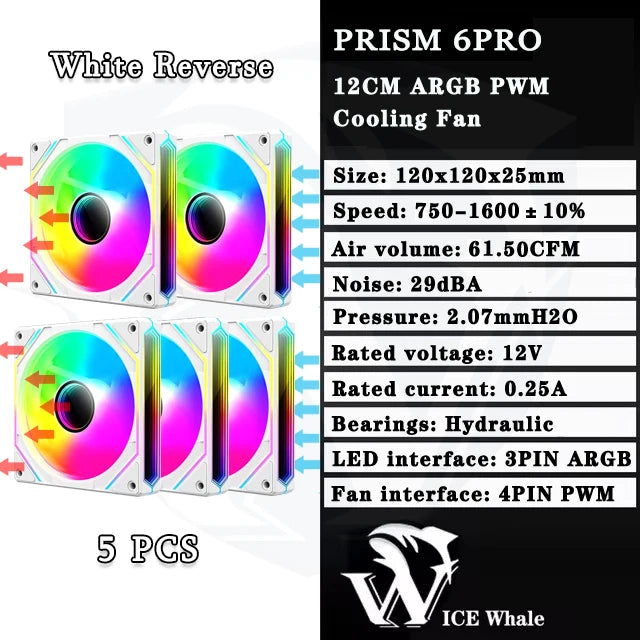 مروحة تبريد ARGB PWM بحوامل هيدروليكية وواجهة LED لـ White Reverse prism 6pro بطول 12 سم