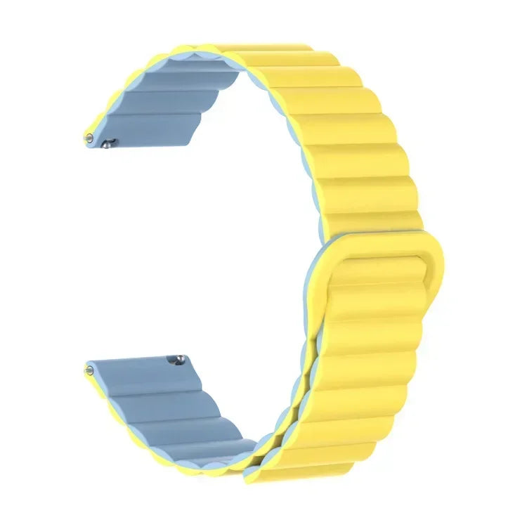 A yellow adjustable magnetic loop watch band with a silver clip shown from the side.