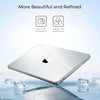 A silver MacBook Pro with a clear hard shell cover resting on a reflective surface.