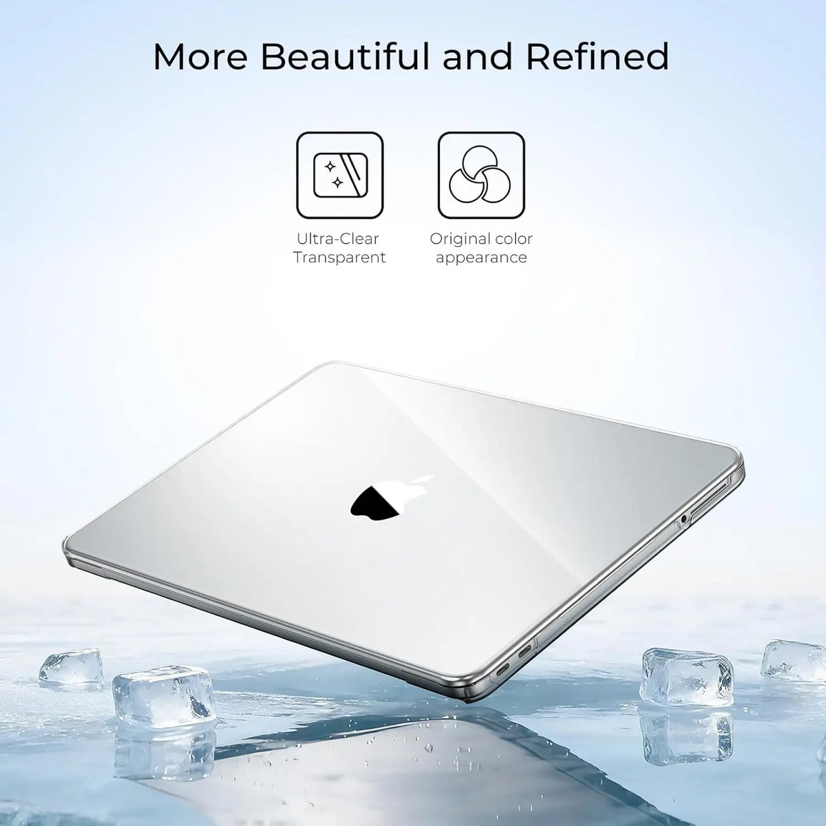 A silver MacBook Pro with a clear hard shell cover resting on a reflective surface.