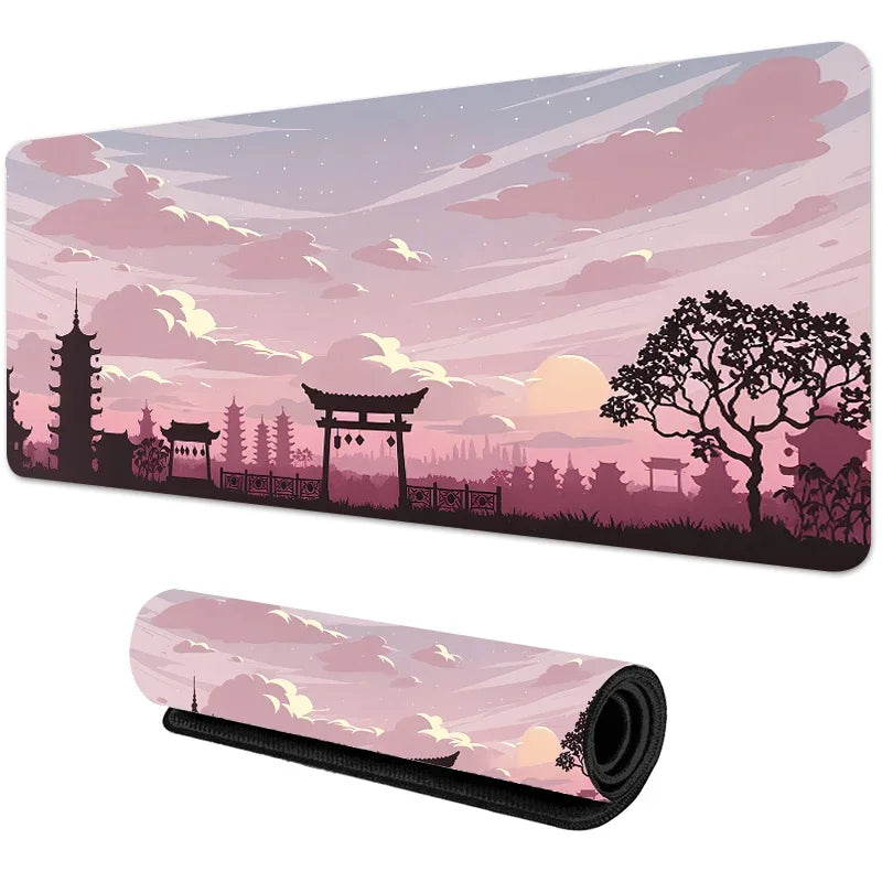 Große Gaming-Mauspad mit Sonnenuntergangshimmel, rosa und violetten Wolken und Silhouetten traditioneller chinesischer Figure