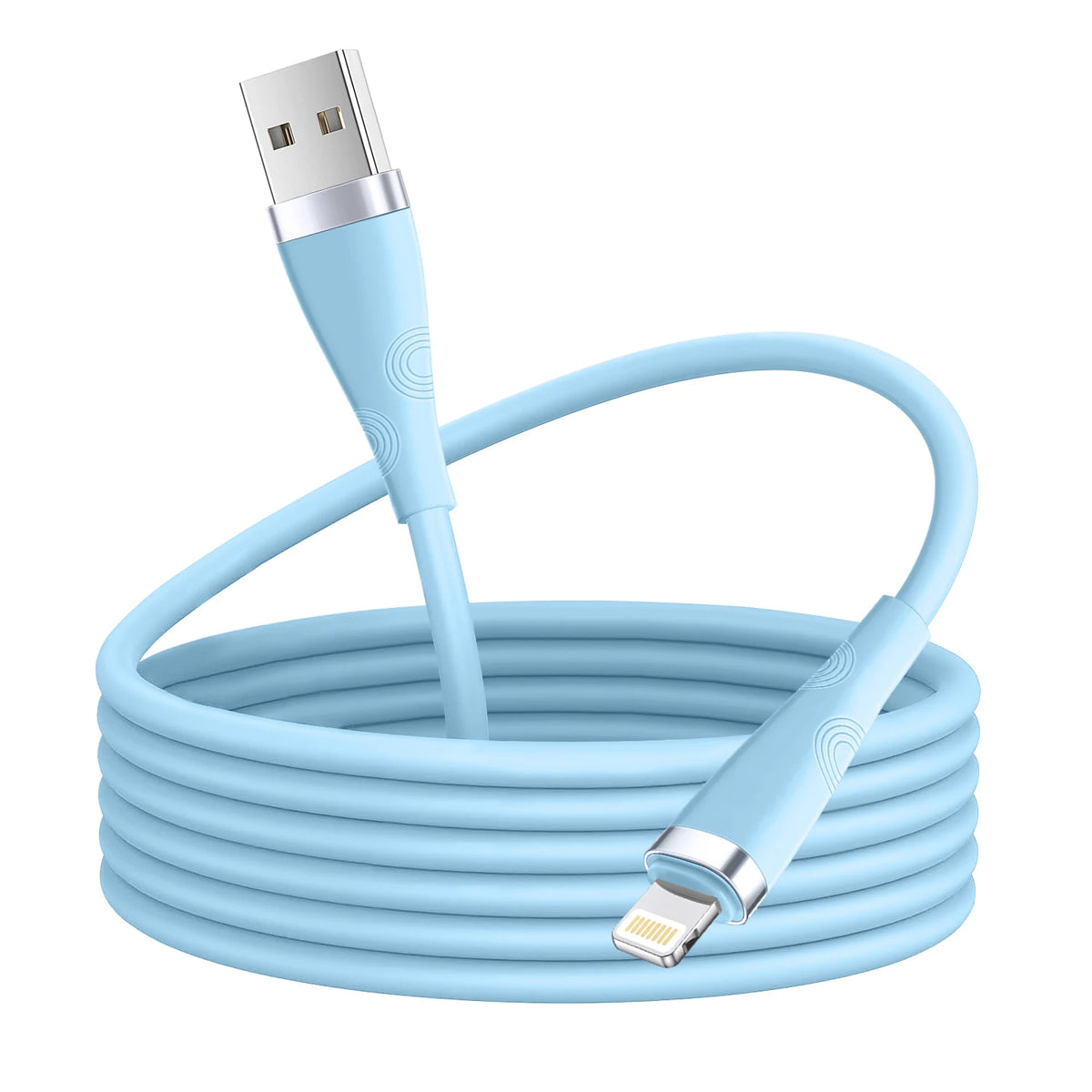 A coiled light blue fast charging USB cable with a connector for an iPhone or iPad.