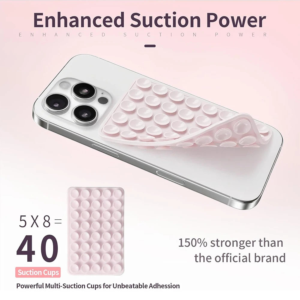 A white smartphone is shown with a pink silicone suction cup mount attached, demonstrating enhanced suction power.