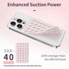 A white smartphone is shown with a pink silicone suction cup mount attached, demonstrating enhanced suction power.