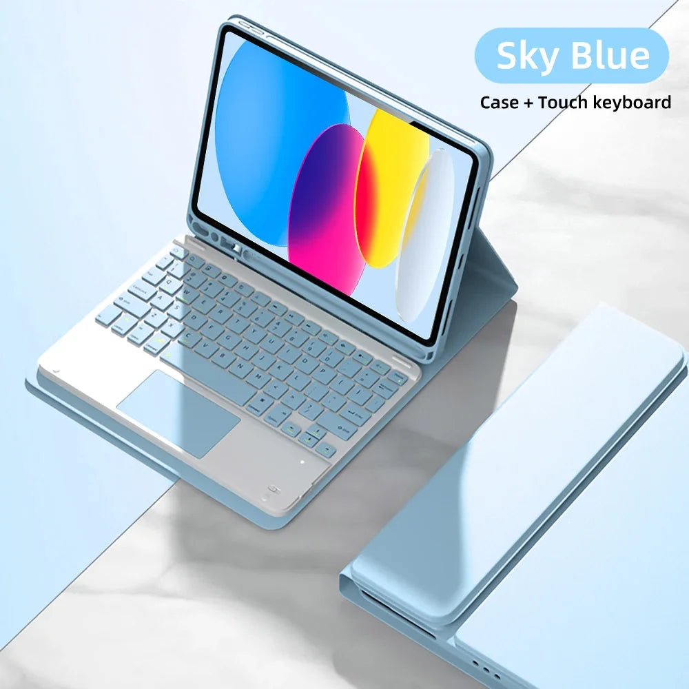 A Sky Blue case with a touch keyboard is shown on an iPad, featuring colorful gradient designs.