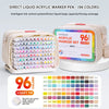 A set of 96 color direct liquid acrylic marker pens packaged in a light beige case with soft tips.