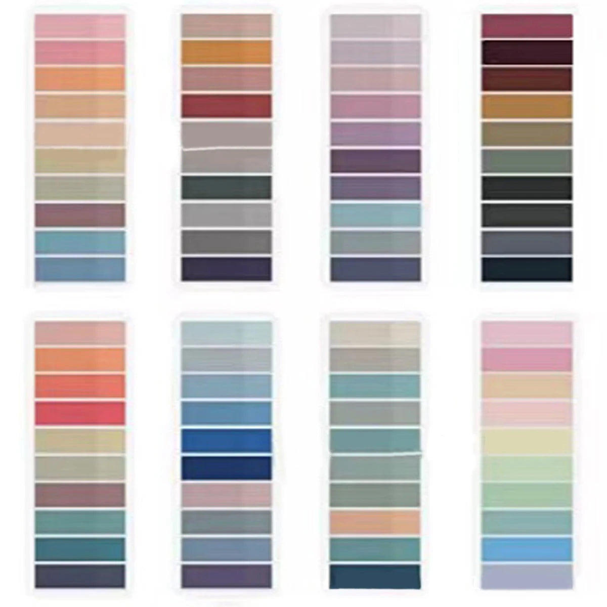 A collection of various pastel, earth tone, and muted color sticky notes in a vertical arrangement.