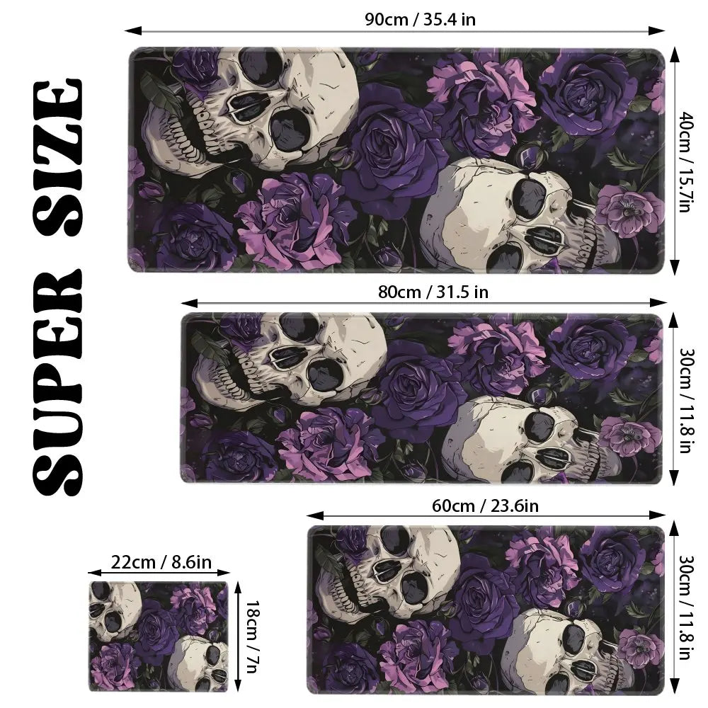 A set of three desk mats featuring a gothic design of skulls and purple roses.