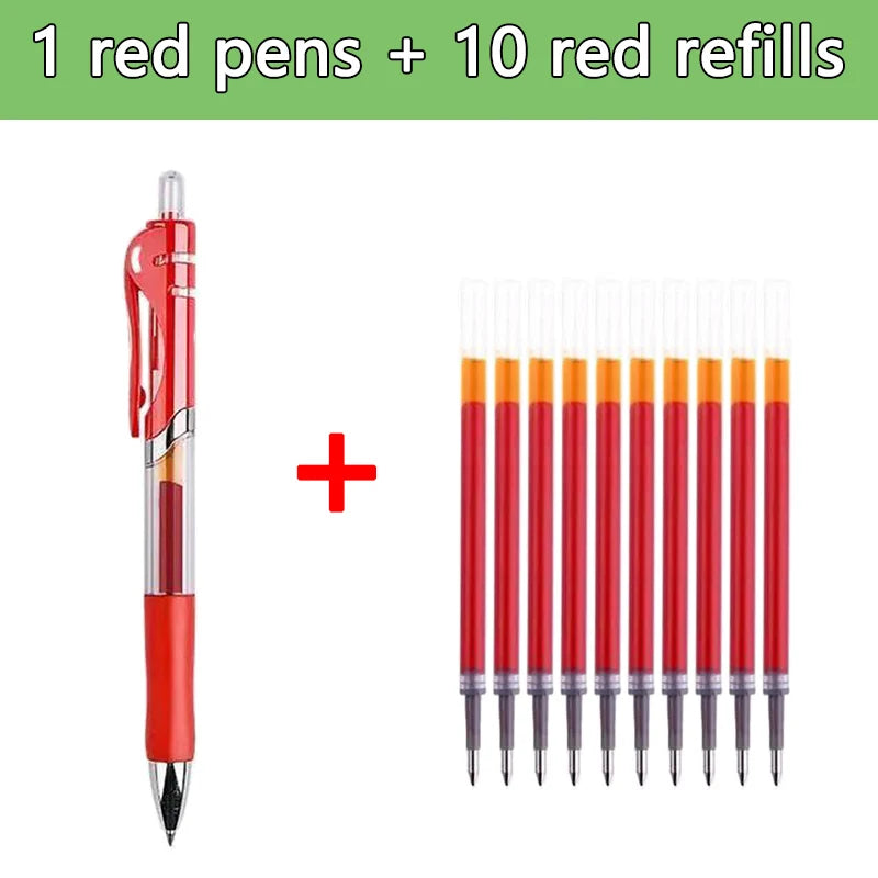 Un set de una pluma roja y diez recambios rojos para un bolígrafo de gel multicolor.