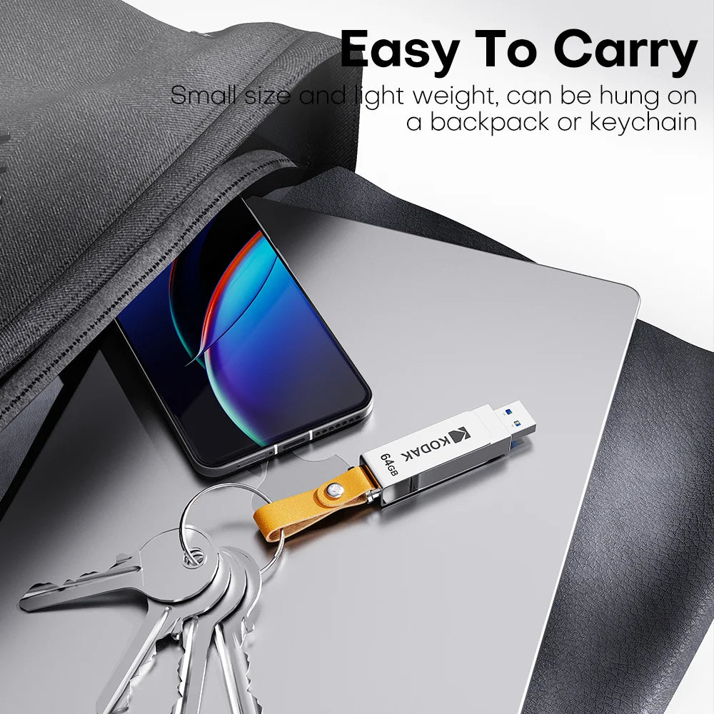 A Kodak metal USB 3.1 flash drive with a leather rope lanyard resting on a silver laptop.