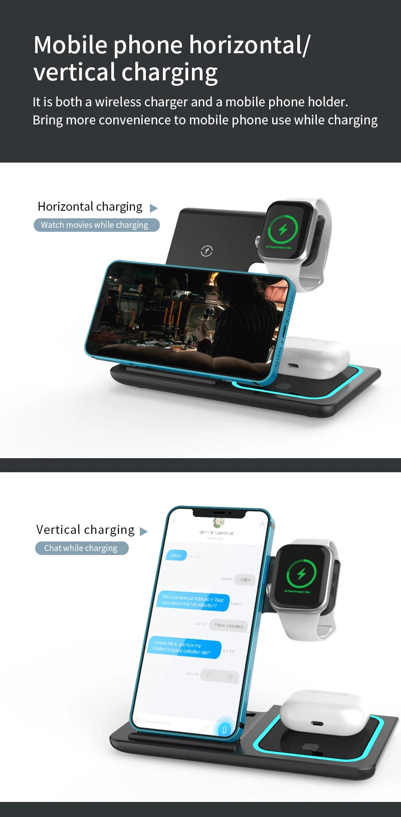 Almohadilla de carga inalámbrica móvil horizontal/vertical para cargar un smartphone y Apple Watch.