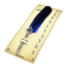 A set of retro calligraphy feather dip pens displayed in a light brown box with a blue feather.