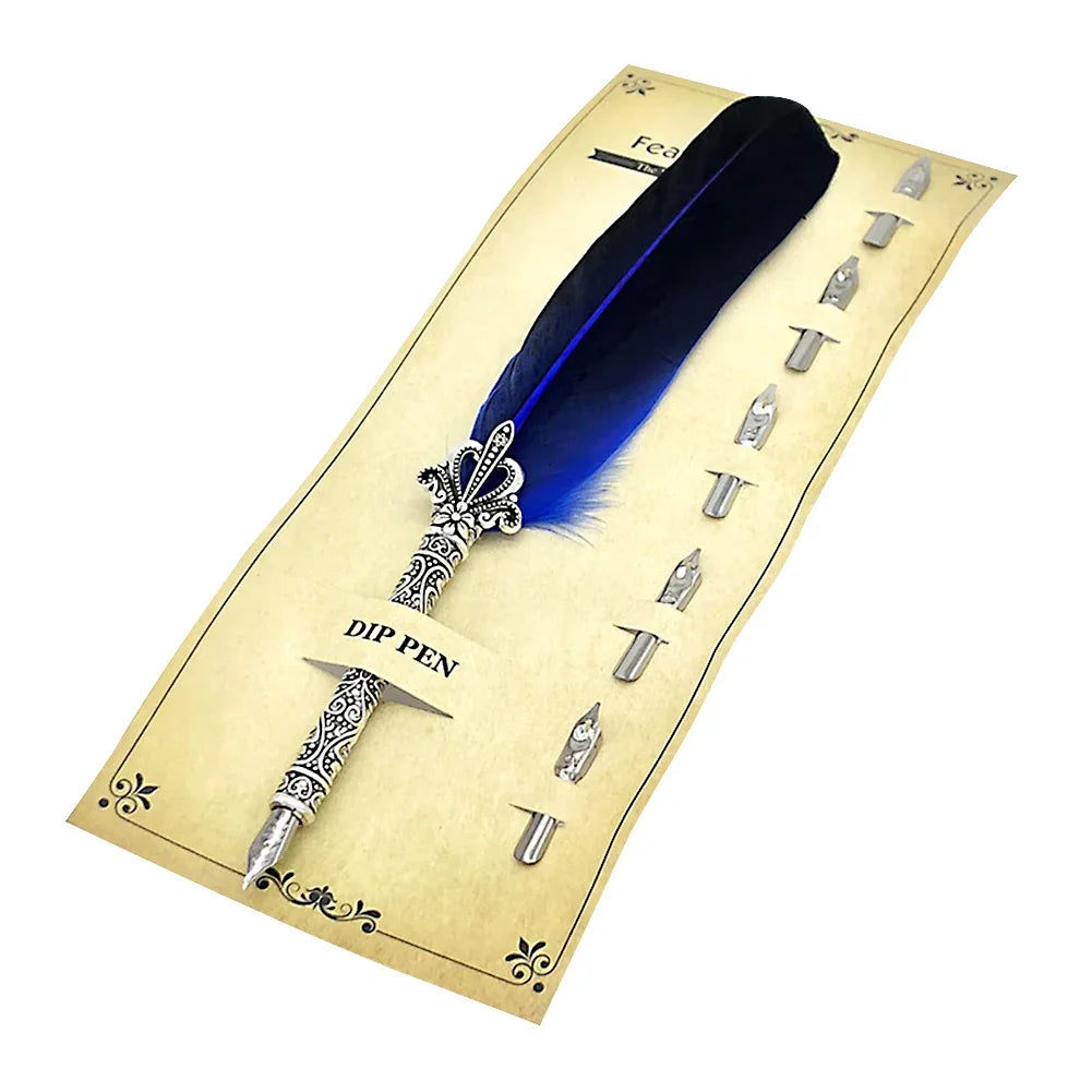 A set of retro calligraphy feather dip pens displayed in a light brown box with a blue feather.