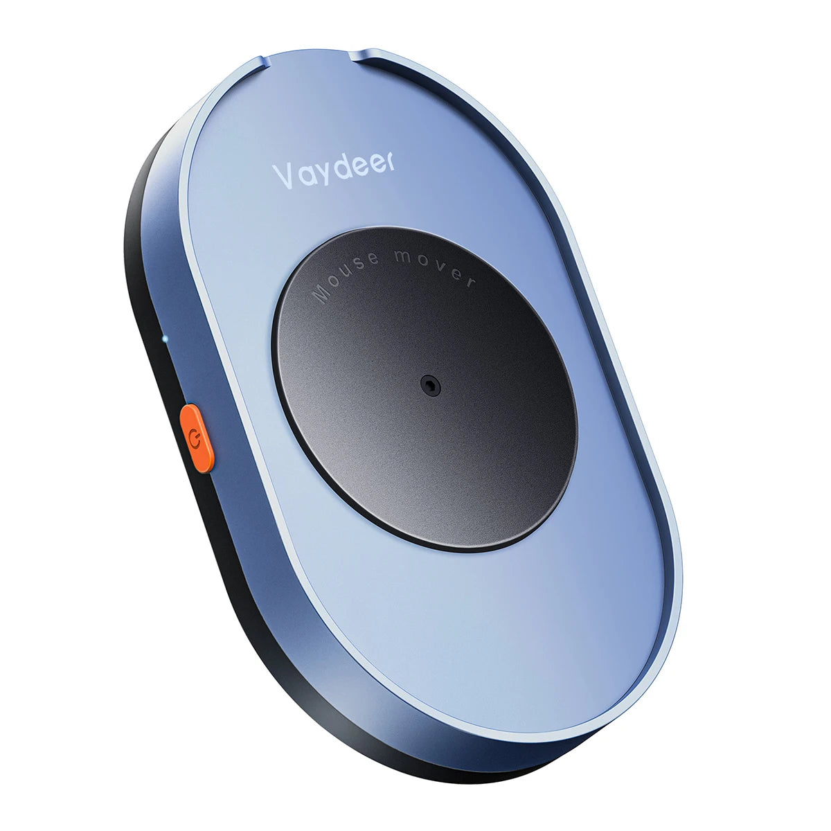 Dispositivo movilizador de ratón electrónico azul claro con sensor ovalado negro y botón naranja.