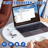 A laptop is shown with a 2-in-1 USB Lightning to SD/TF card reader plugged in, demonstrating fast transfer speed.