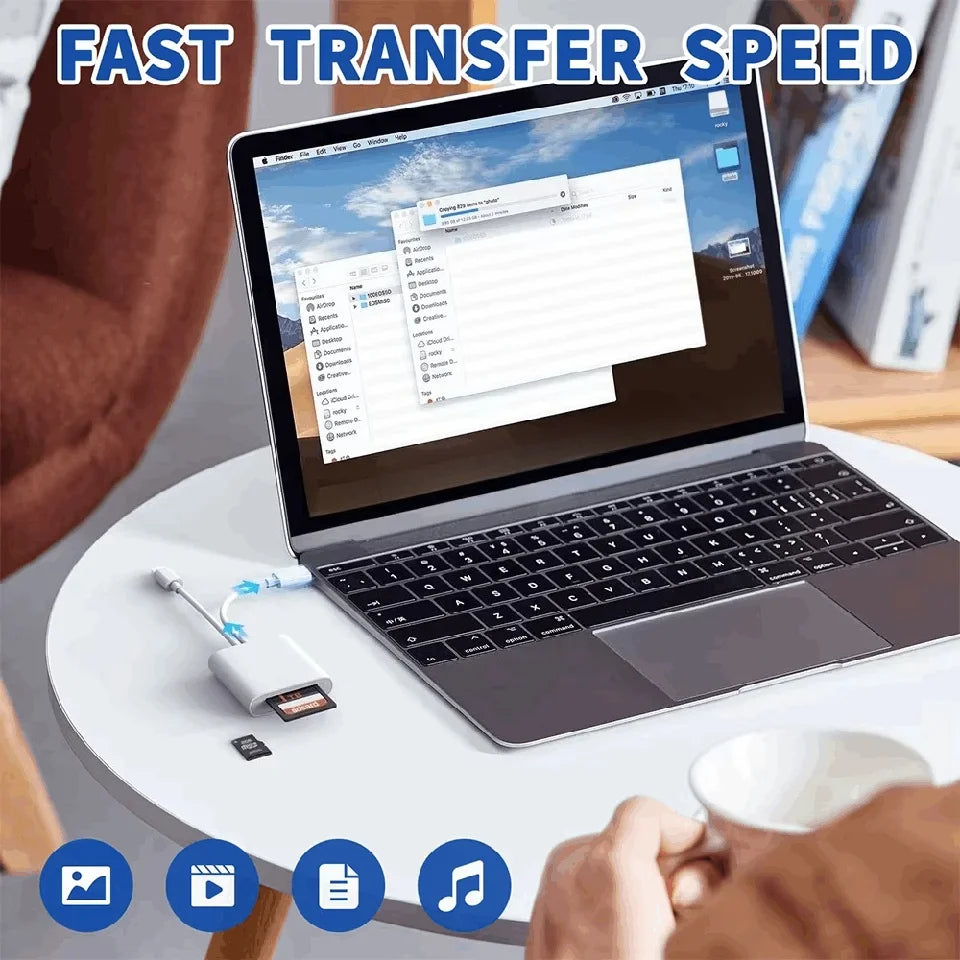 A laptop is shown with a 2-in-1 USB Lightning to SD/TF card reader plugged in, demonstrating fast transfer speed.