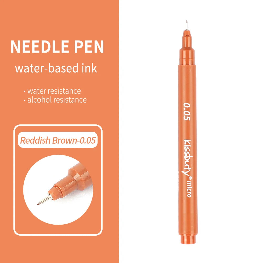 An orange needle pen with a fine tip, labeled 0.05, for water-based ink.