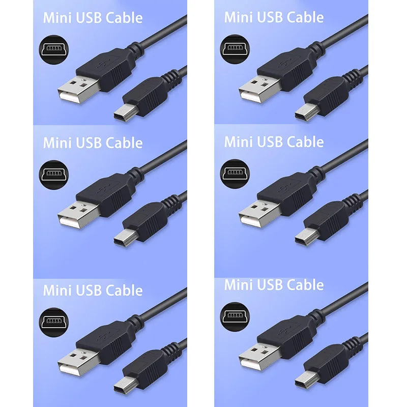 A set of black Mini USB cables shown in various orientations and close-ups.