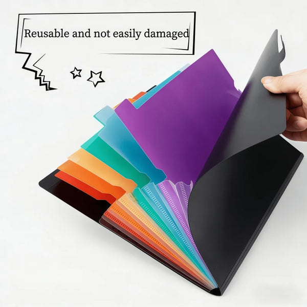 A hand holds an A4 7-pocket expanding file folder with colorful document pockets.