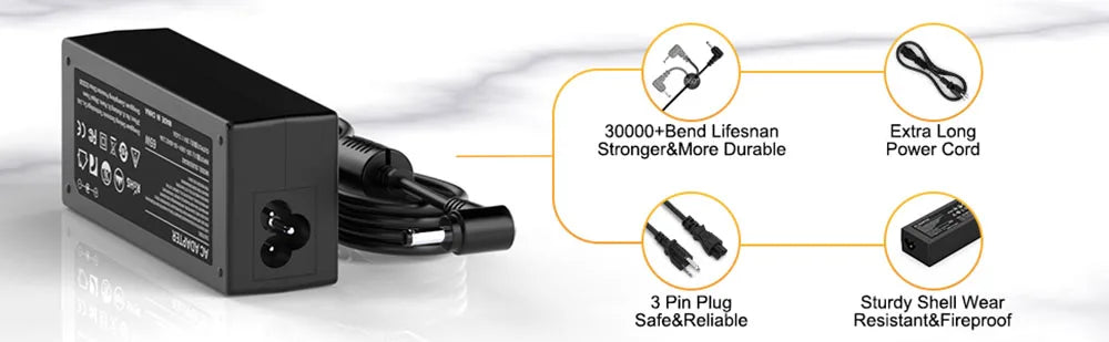A black universal laptop charger with various features highlighted, including a bend lifespan, power cord, plug, and shell du