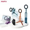 An orange magnetic phone tripod stand with a hook and a blue version displayed on a white background.
