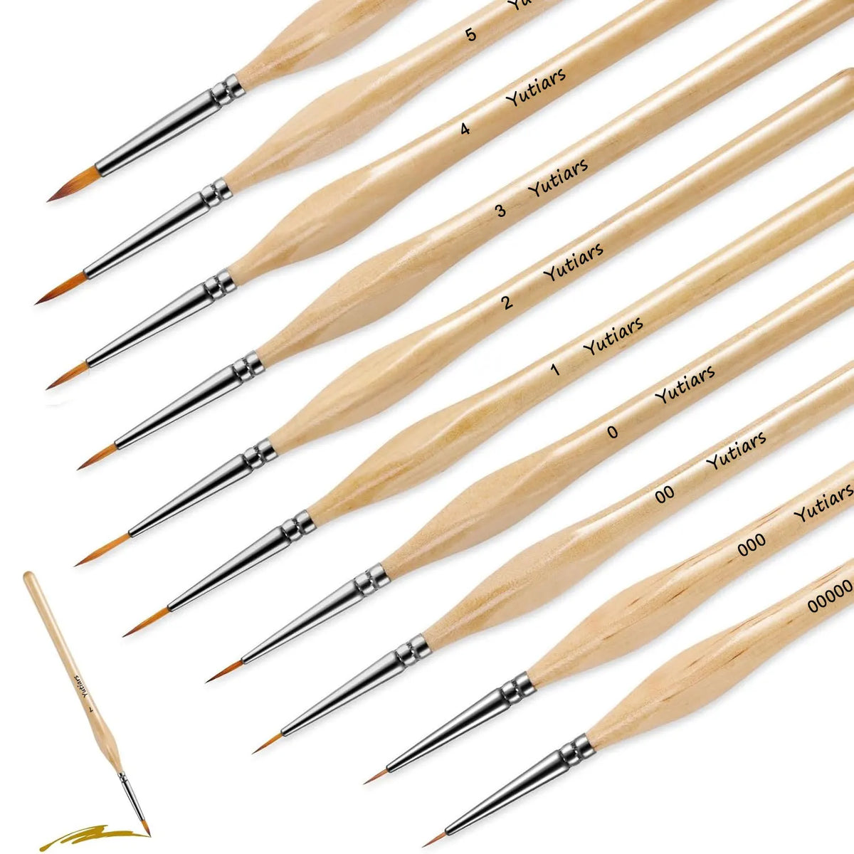 A set of ten numbered miniature paint brushes with wooden handles and fine tips.