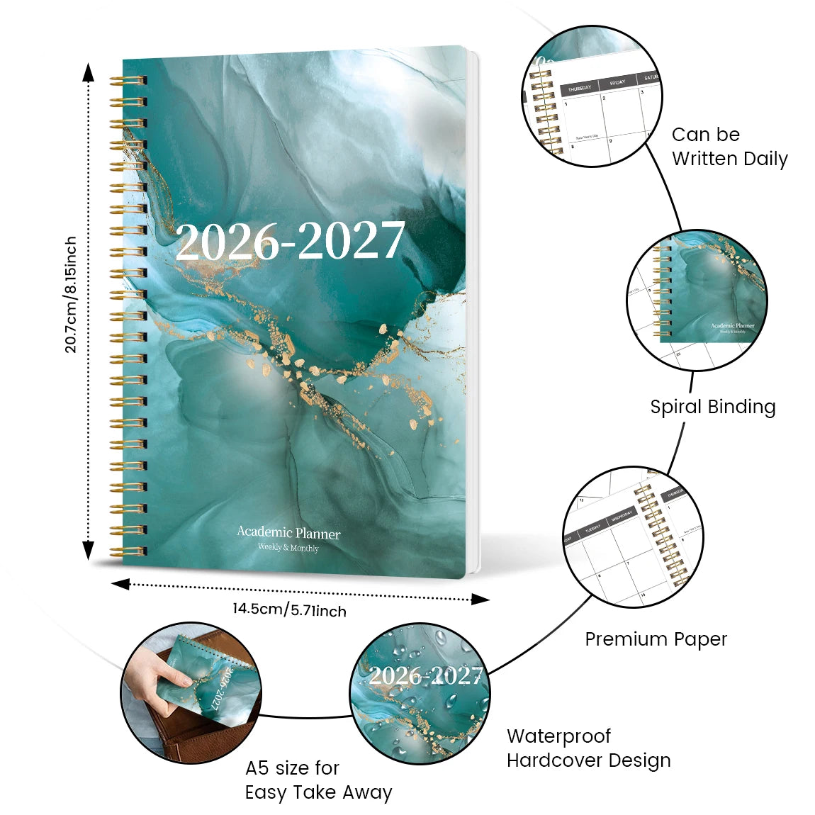 A5 Academic Planner with spiral binding and premium paper featuring a watercolor design for 2026-2027