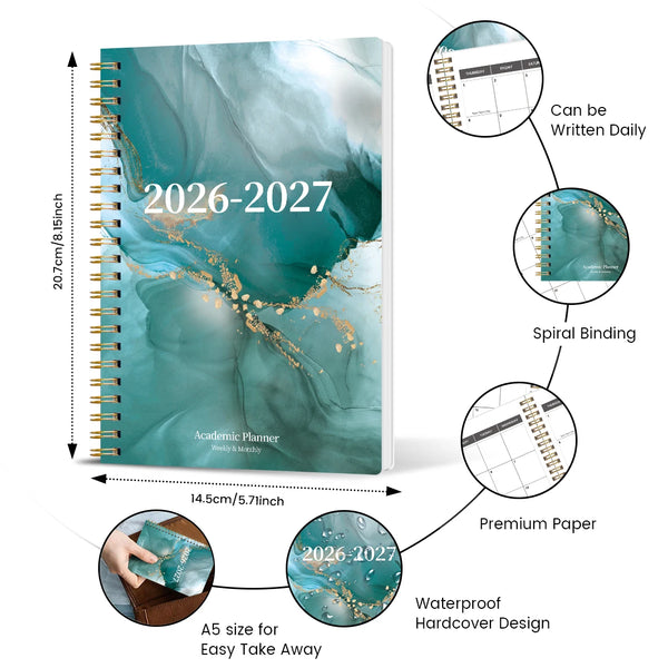 A5 Academic Planner with spiral binding and premium paper featuring a watercolor design for 2026-2027