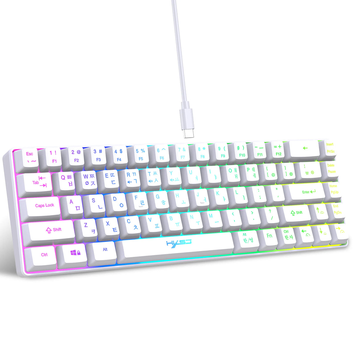 A white 68-key wired gaming keyboard with RGB backlight and a detachable cable.