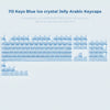 A collection of 113 blue ice crystal jelly Arabic mechanical keyboard keycaps laid out for sale.