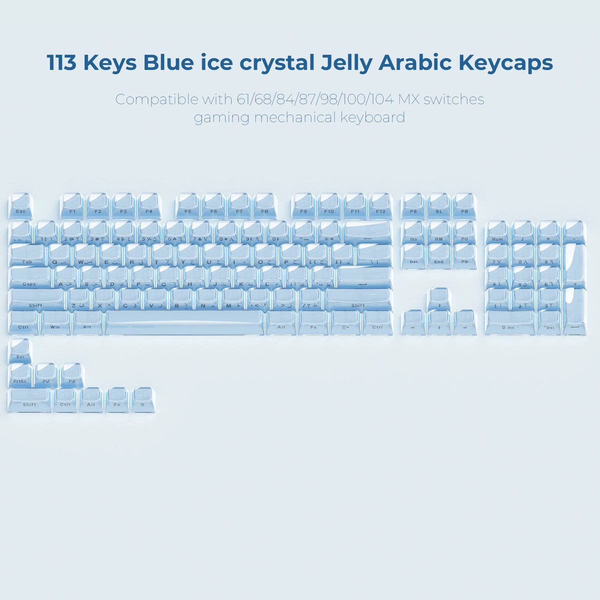 A collection of 113 blue ice crystal jelly Arabic mechanical keyboard keycaps laid out for sale.