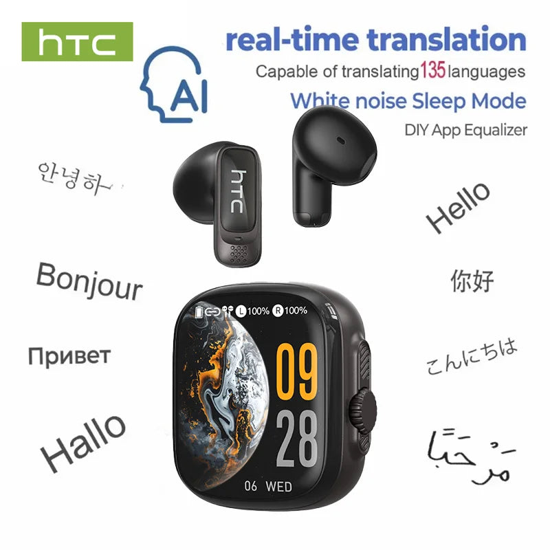 AI-powered translator earbuds and case demonstrating real-time translation between English, French, Russian, and Arabic.