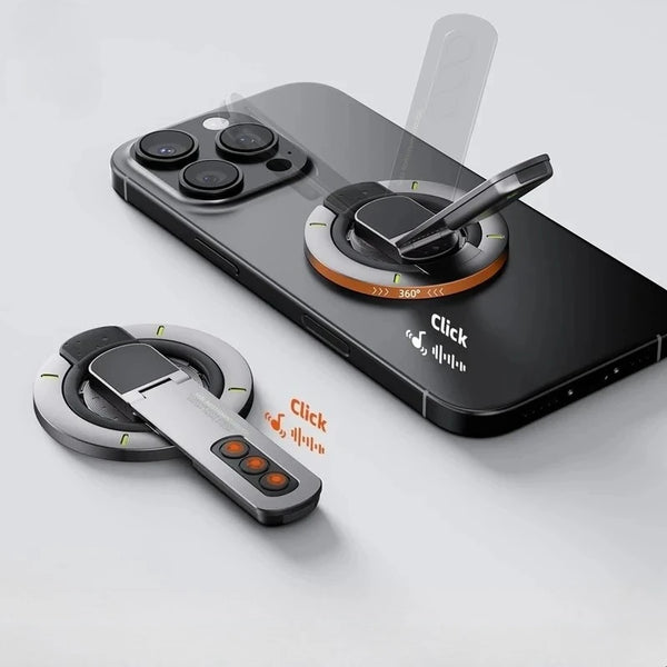 A black smartphone is shown with a magnetic ring holder attached, featuring a 360-degree rotating stand and a separate magnet