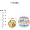 A ruler shows the size of a sticker, with an example of a round thank you sticker featuring the Statue of America.