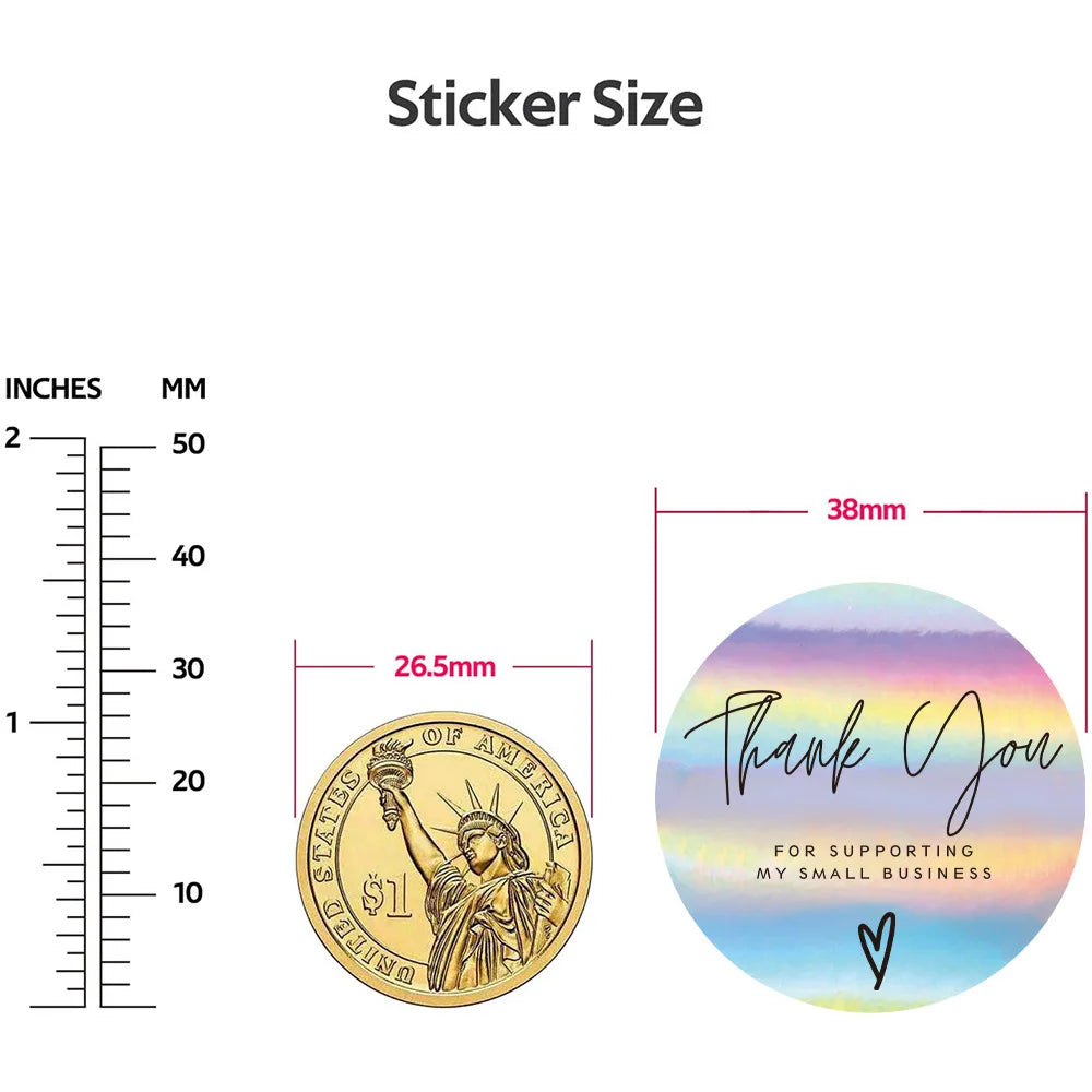 A ruler shows the size of a sticker, with an example of a round thank you sticker featuring the Statue of America.