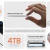 Portables NVMe SSD-Gehäuse mit Hand, die dünne Bauweise und 4TB-Speicherkapazität hervorhebt.