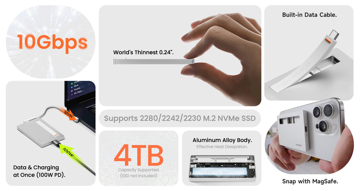 Portables NVMe SSD-Gehäuse mit Hand, die dünne Bauweise und 4TB-Speicherkapazität hervorhebt.