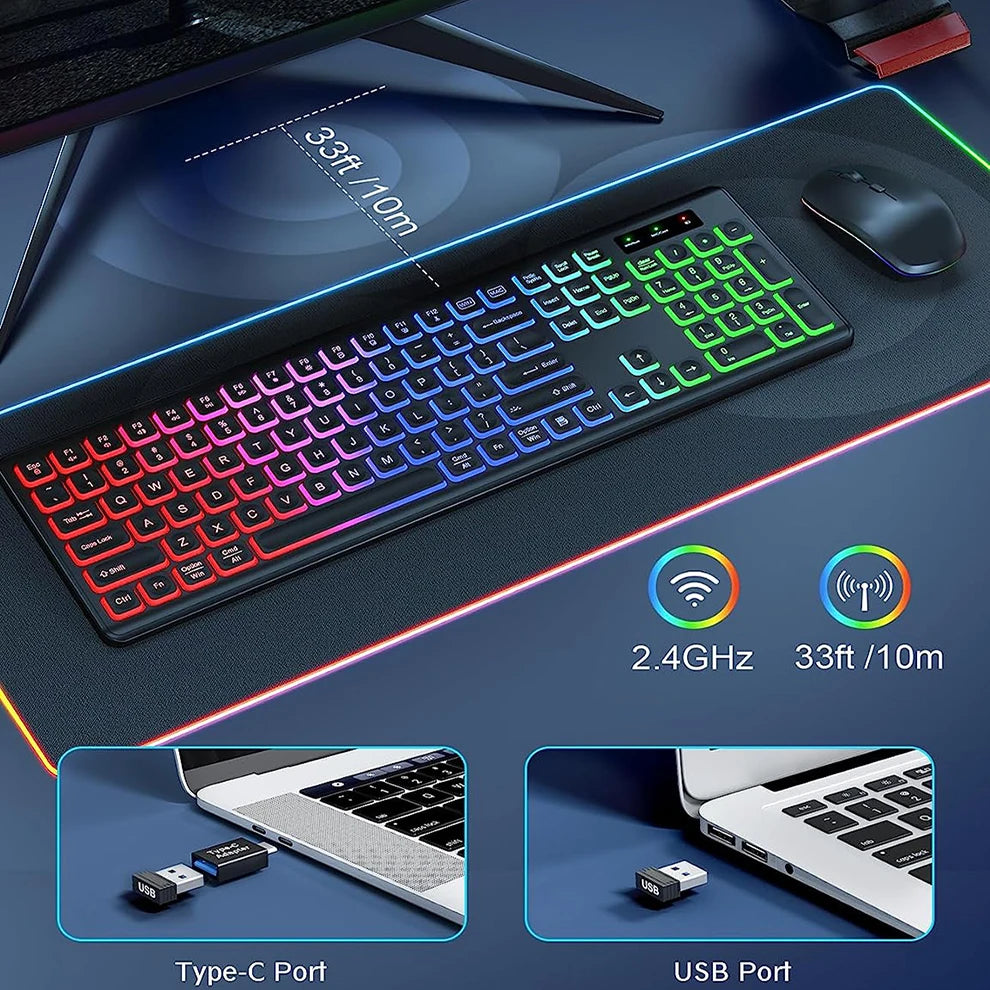 Kabellose RGB-Tastatur und Maus-Kombination gezeigt mit einem Laptop, die 2,4-GHz-Konnektivität und eine Reichweite von 33 Fu