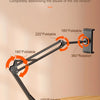 A black adjustable tablet holder with a long arm demonstrating various folding and rotation angles.