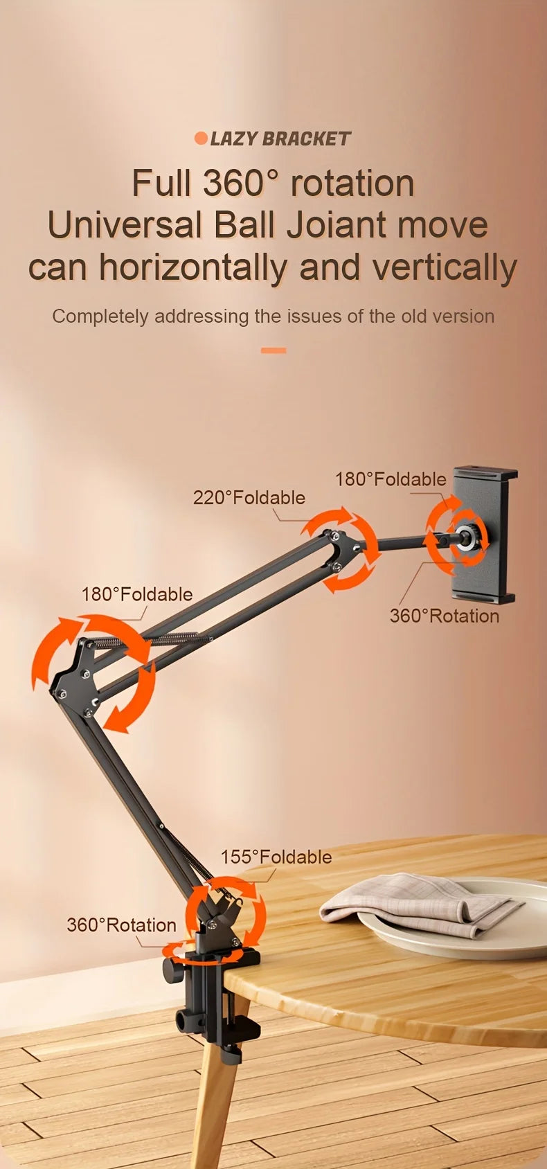 A black adjustable tablet holder with a long arm demonstrating various folding and rotation angles.
