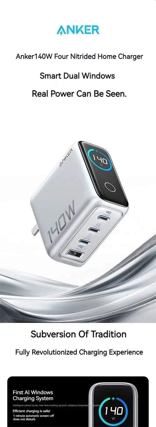 Anker 140W Four Nitrided Home Charger with smart dual windows and four USB-C ports
