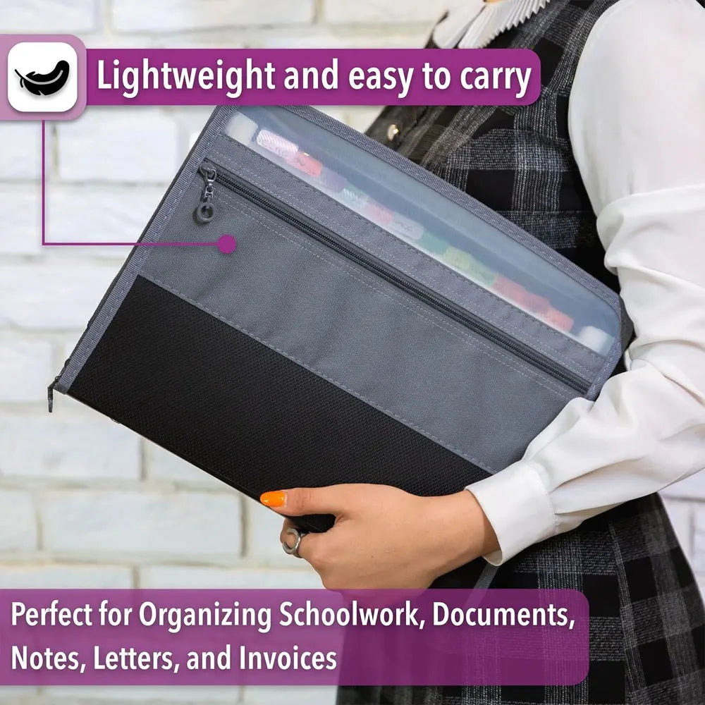 A gray and black expandable multi-pocket document folder is shown being carried by a person wearing a plaid vest.