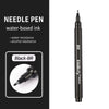 A black needle pen with a silver tip shown next to text describing water-based ink features.