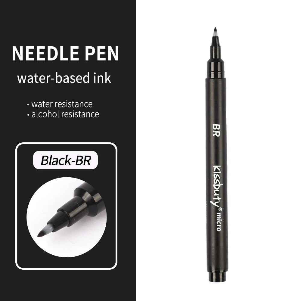 A black needle pen with a silver tip shown next to text describing water-based ink features.