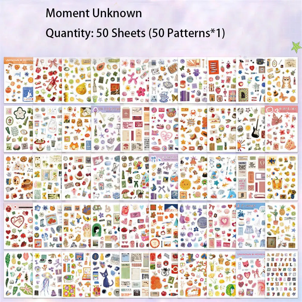 A collection of 50 sheets of aesthetic scrapbooking stickers featuring various nature and animal patterns