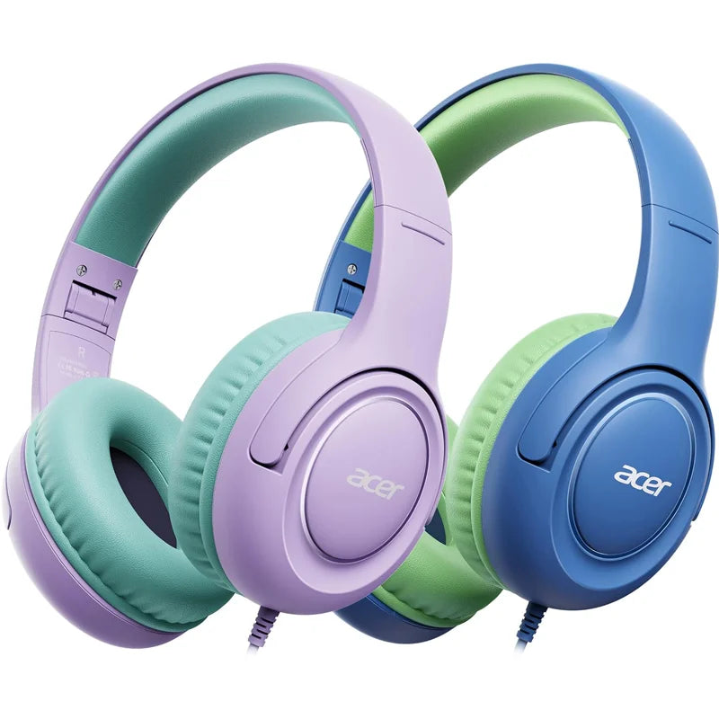 A set of three purple, green, and blue wired headphones for kids.